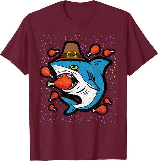 Shark Eating Turkey Leg Thanksgiving Day Funny Fall Autumn T-Shirt - T-Shirt | Maroon