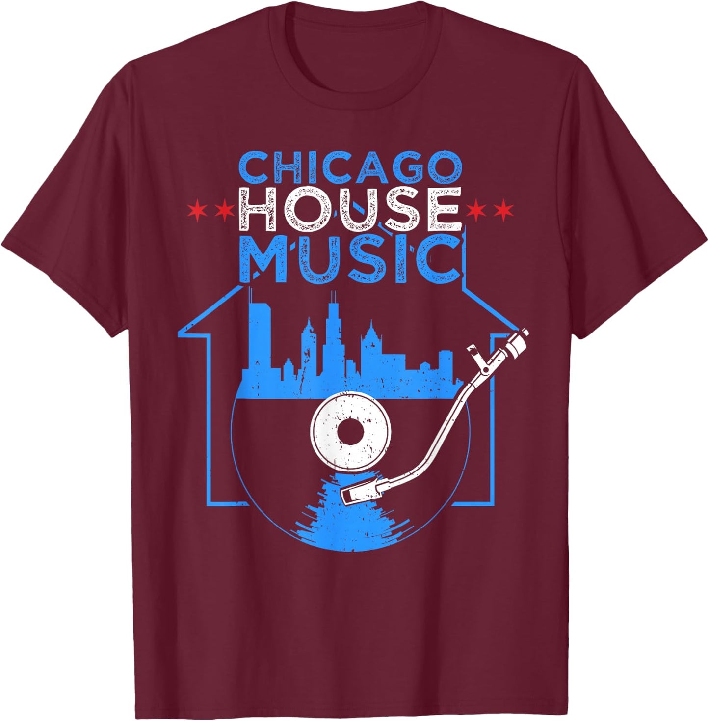 Chicago House Music Vinyl Dj Raver Flag Skyline Apparel T-Shirt - T-Shirt | Maroon
