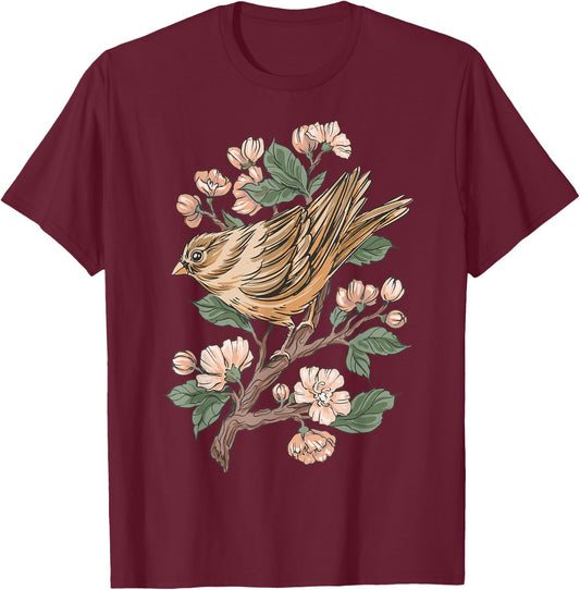 Sparrow Bird and Cherry Blossoms T-Shirt - T-Shirt | Maroon
