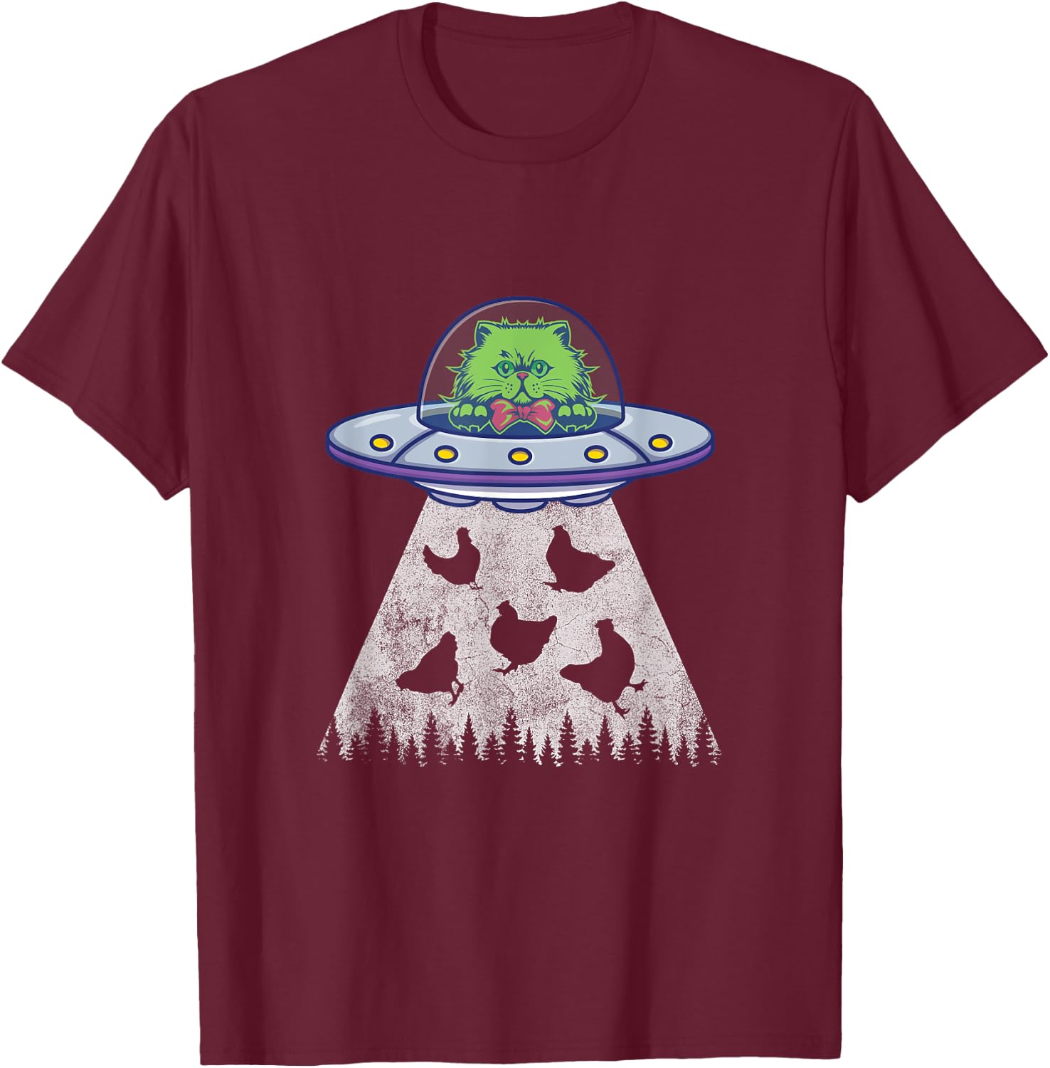 Cat Abduction Chicken Funny UFO Alien Lover Vintage Distress T-Shirt - T-Shirt | Maroon