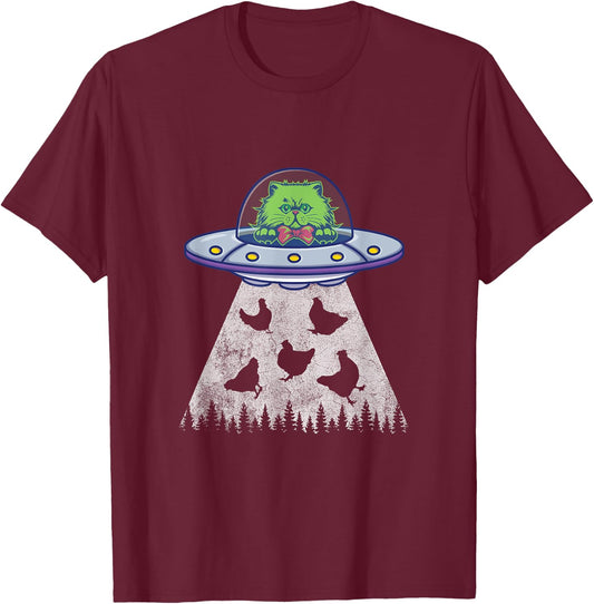 Cat Abduction Chicken Funny UFO Alien Lover Vintage Distress T-Shirt - T-Shirt | Maroon