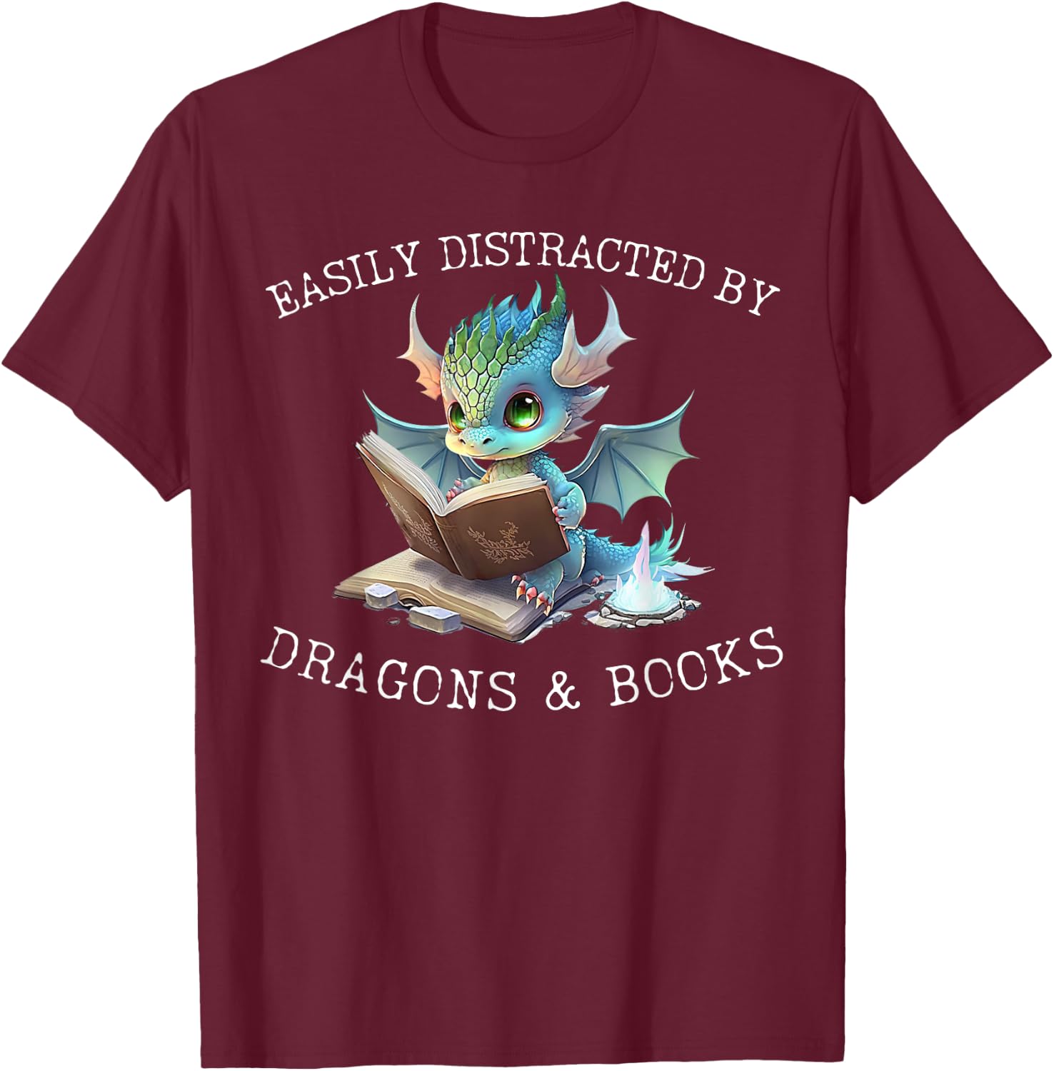 Easily Distracted by Dragons and Books Introvert Funny Shirt T-Shirt - T-Shirt | Maroon