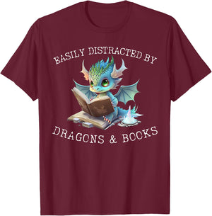 Easily Distracted by Dragons and Books Introvert Funny Shirt T-Shirt - T-Shirt | Maroon