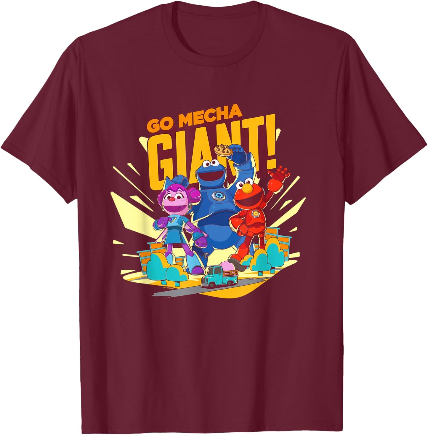 Sesame Street Mecha Builders Go Mecha Giant! Elmo, Cookie T-Shirt - T-Shirt | Maroon