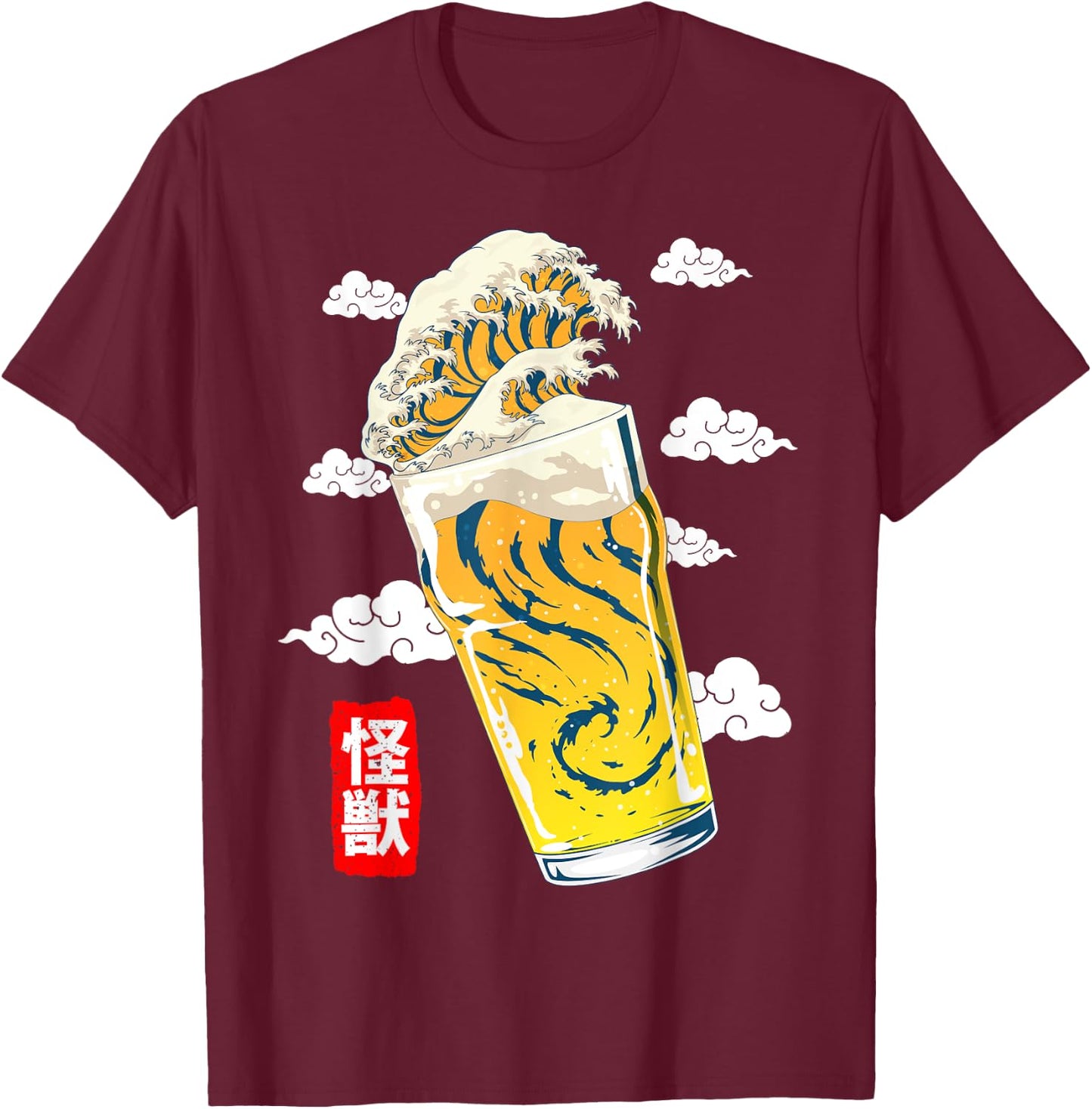 GoshWow The Great Beer Wave Kanagawa Retro Kanji Japanese Beer T-Shirt - T-Shirt | Maroon