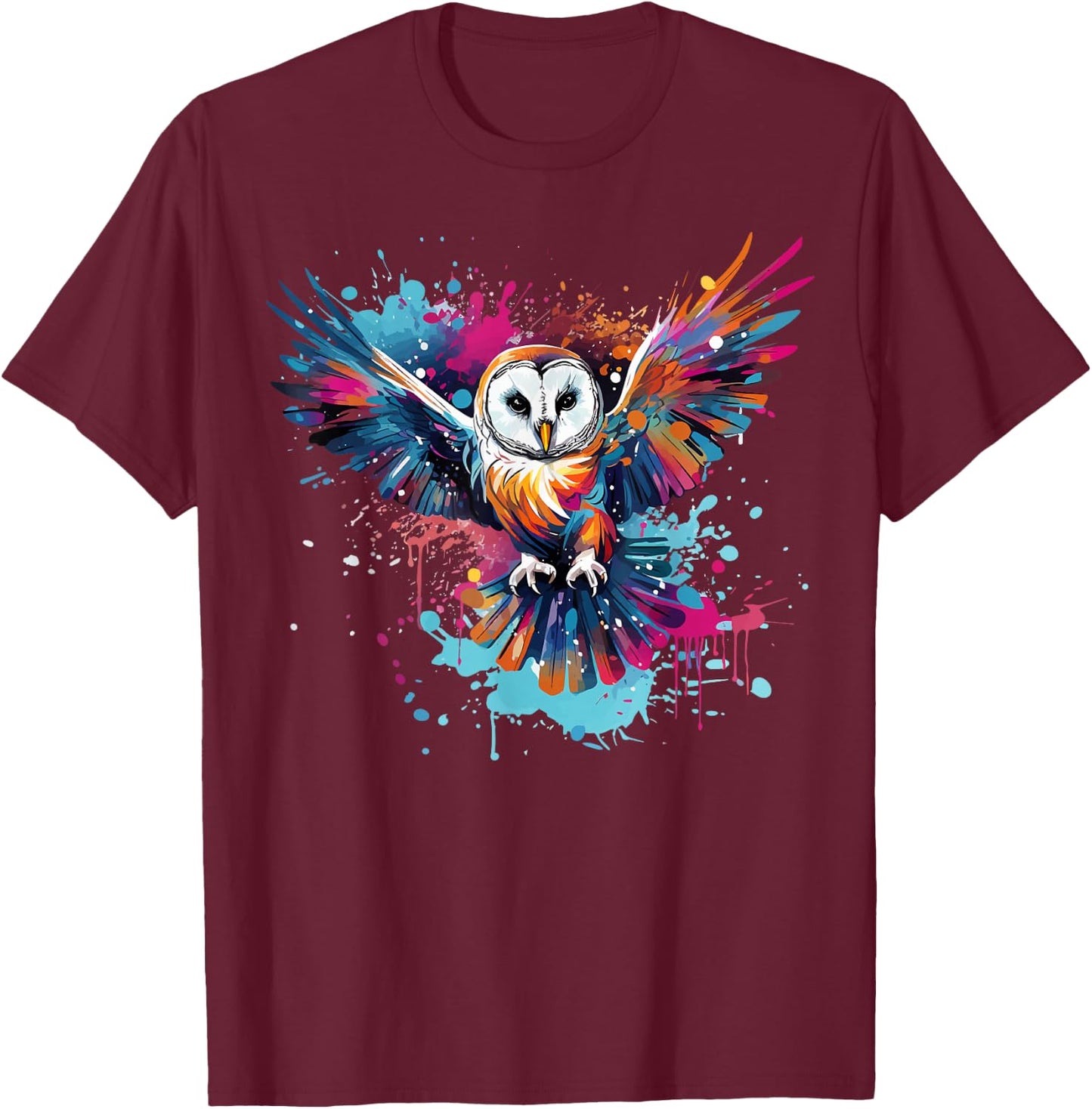 Colorful Splash Art Barn Owl Owls Lover T-Shirt - T-Shirt | Maroon