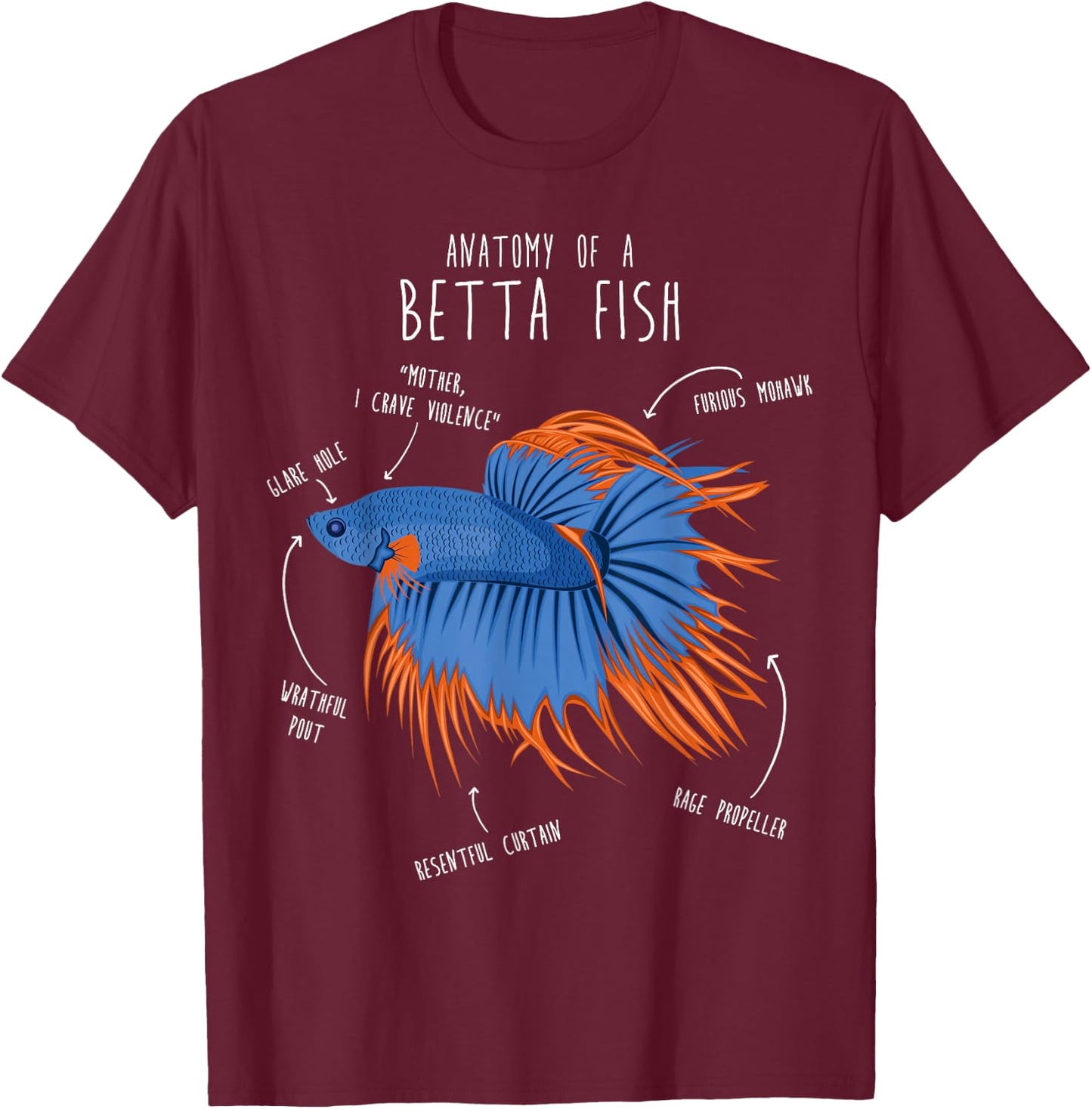 Betta Fish Siamese Fighting Fish Anatomy, Funny Aquarium Pet T-Shirt - T-Shirt | Maroon