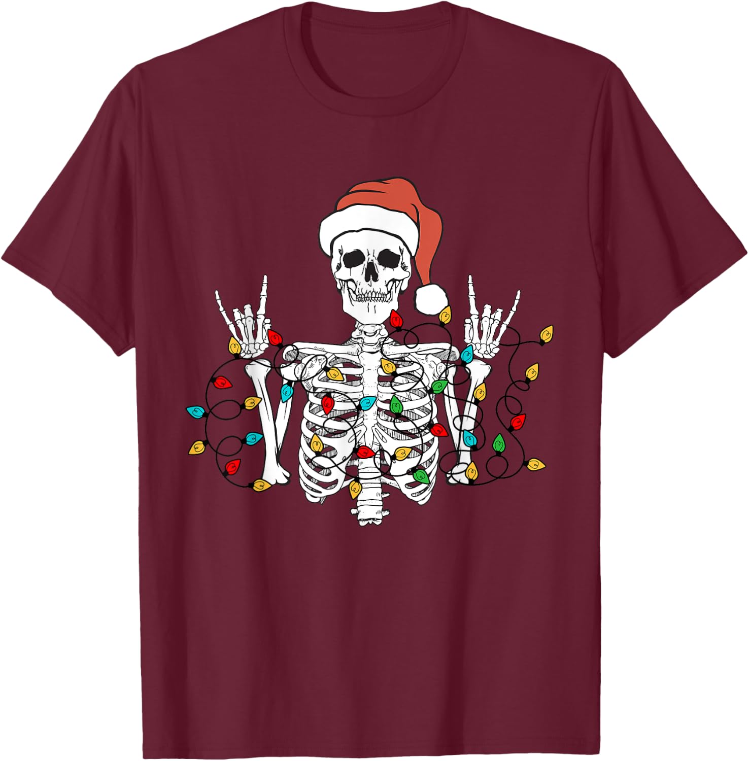 Christmas Skeleton Rocker Wrapped in Xmas Lights Santa Hat T-Shirt - T-Shirt | Maroon