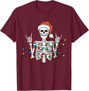 Christmas Skeleton Rocker Wrapped in Xmas Lights Santa Hat T-Shirt - T-Shirt | Maroon