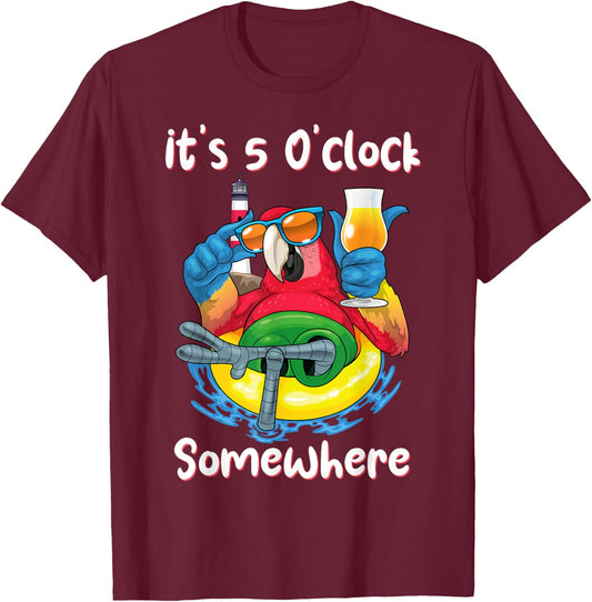 It's 5 O'clock Somewhere Shirt Drinking Parrot Beach Summer T-Shirt - T-Shirt | Maroon