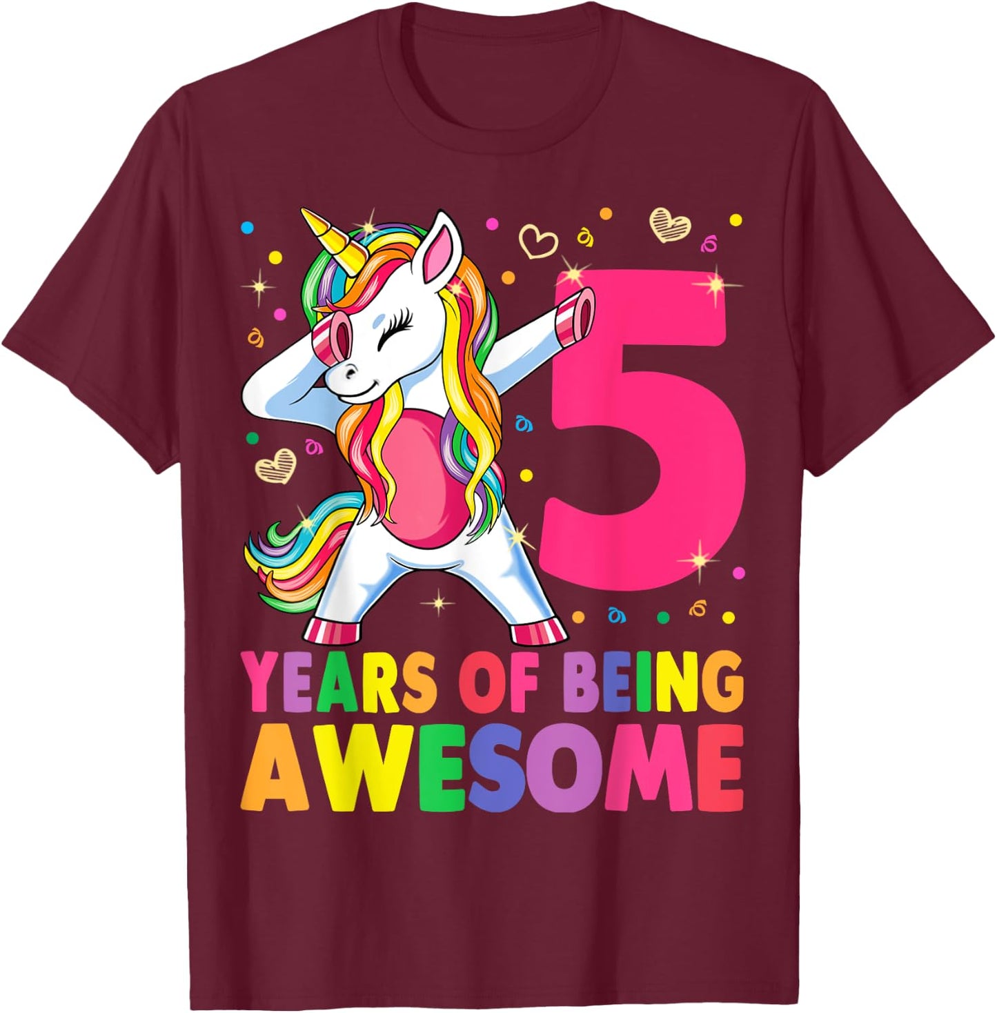 5 Years Old Unicorn Dabbing 5th Birthday Girl Unicorn Party T-Shirt - T-Shirt | Maroon