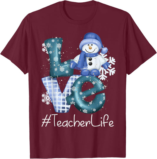 Teacher Love Snowman Xmas Women Winter Season Christmas T-Shirt - T-Shirt | Maroon
