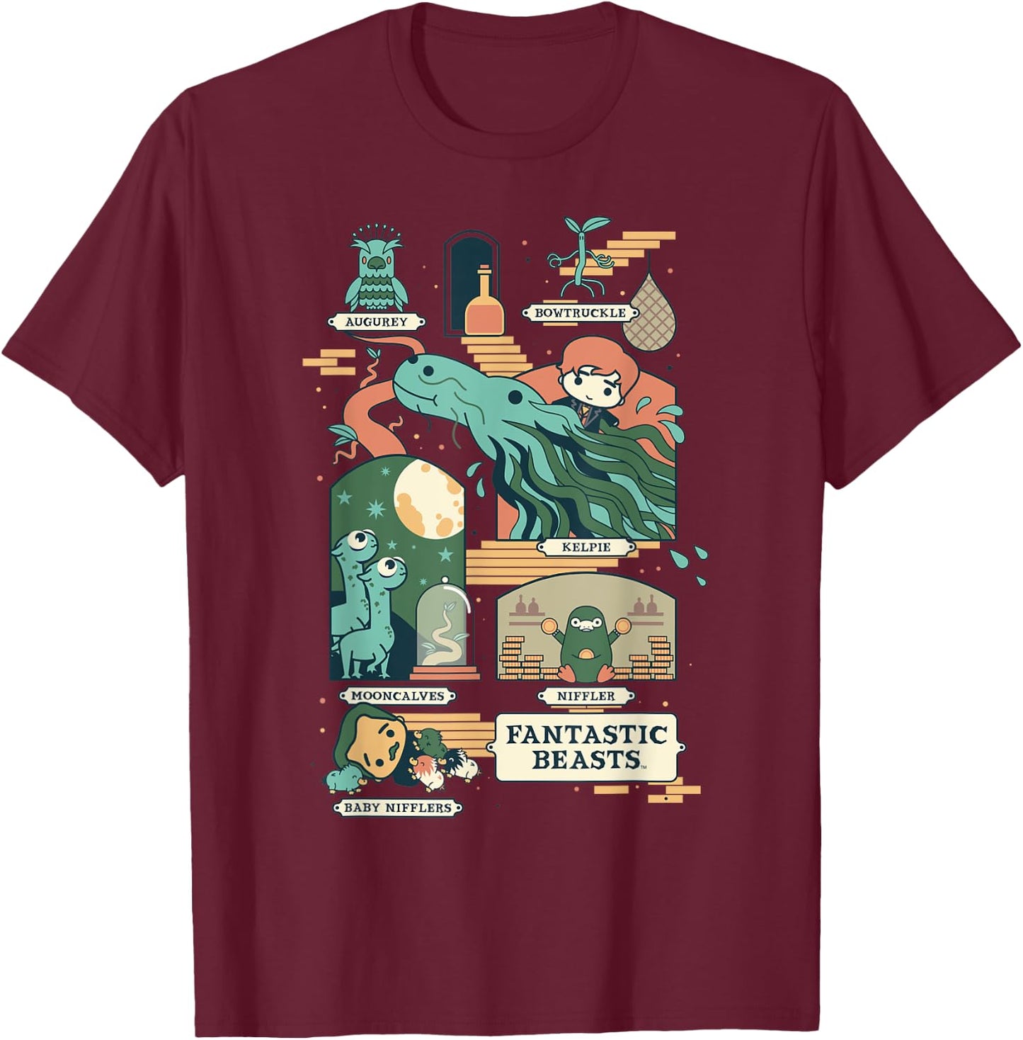 Fantastic Beasts Group Chibi Poster Front And Back T-Shirt - T-Shirt | Maroon