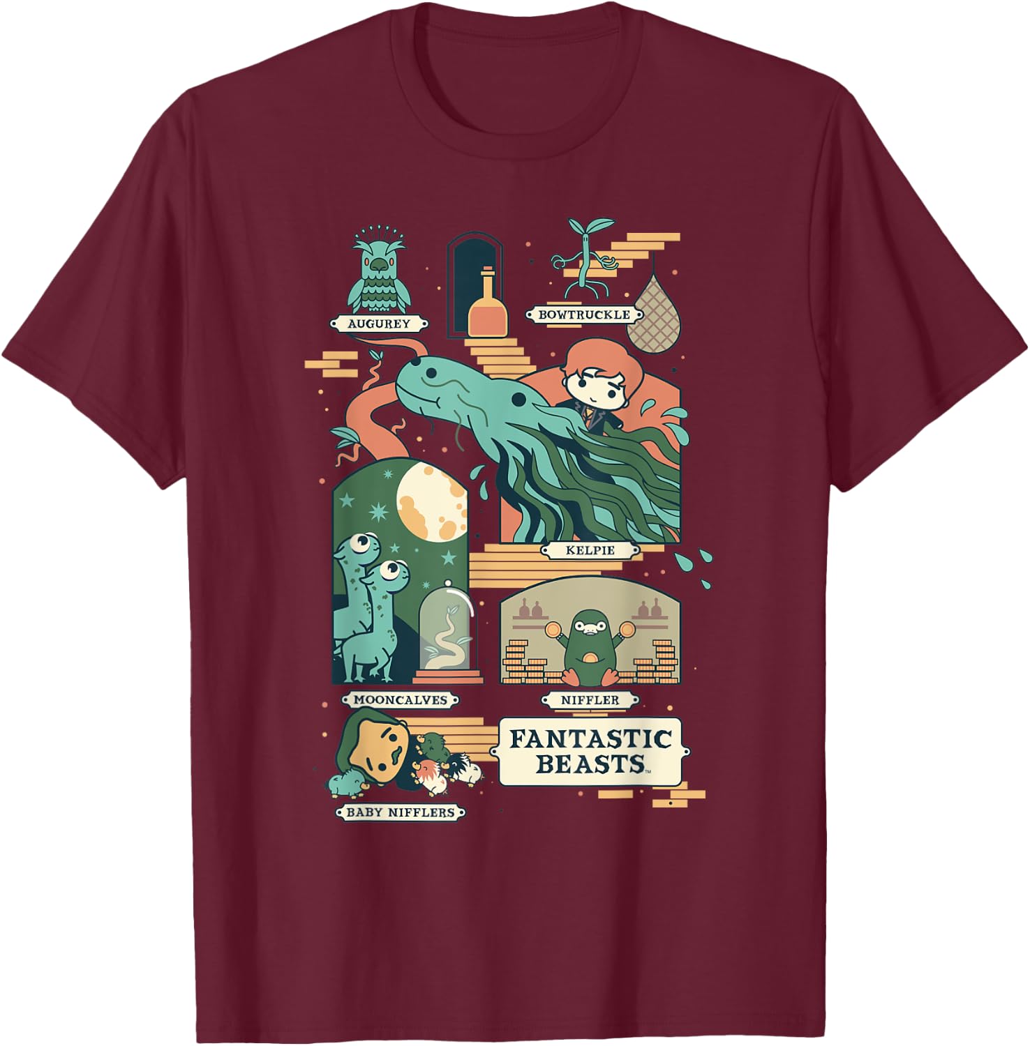 Fantastic Beasts Group Chibi Poster Front And Back T-Shirt - T-Shirt | Maroon