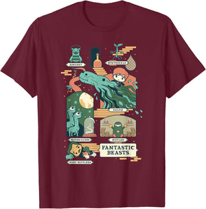 Fantastic Beasts Group Chibi Poster Front And Back T-Shirt - T-Shirt | Maroon