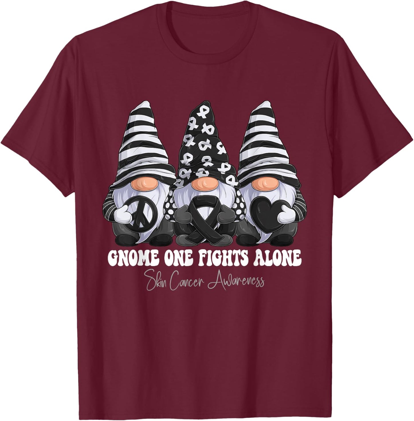 Skin Cancer Awareness Month Black Ribbon Gnomies Support T-Shirt - T-Shirt | Maroon