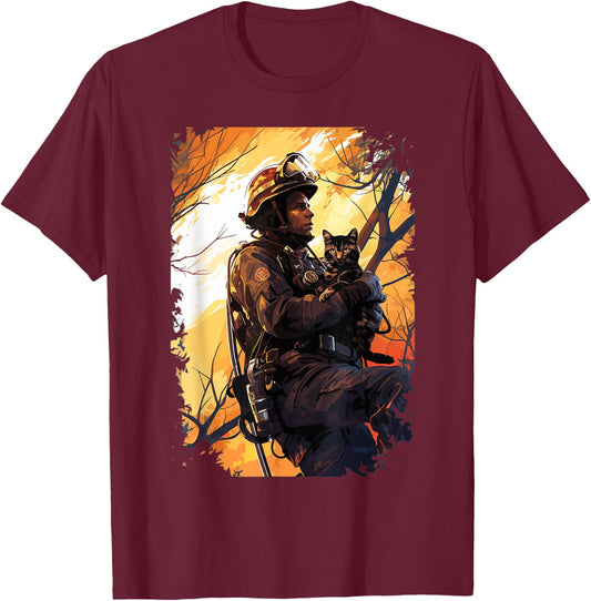 Firefighter Saving A Cat - Firefighter & Fireman T-Shirt - T-Shirt | Maroon