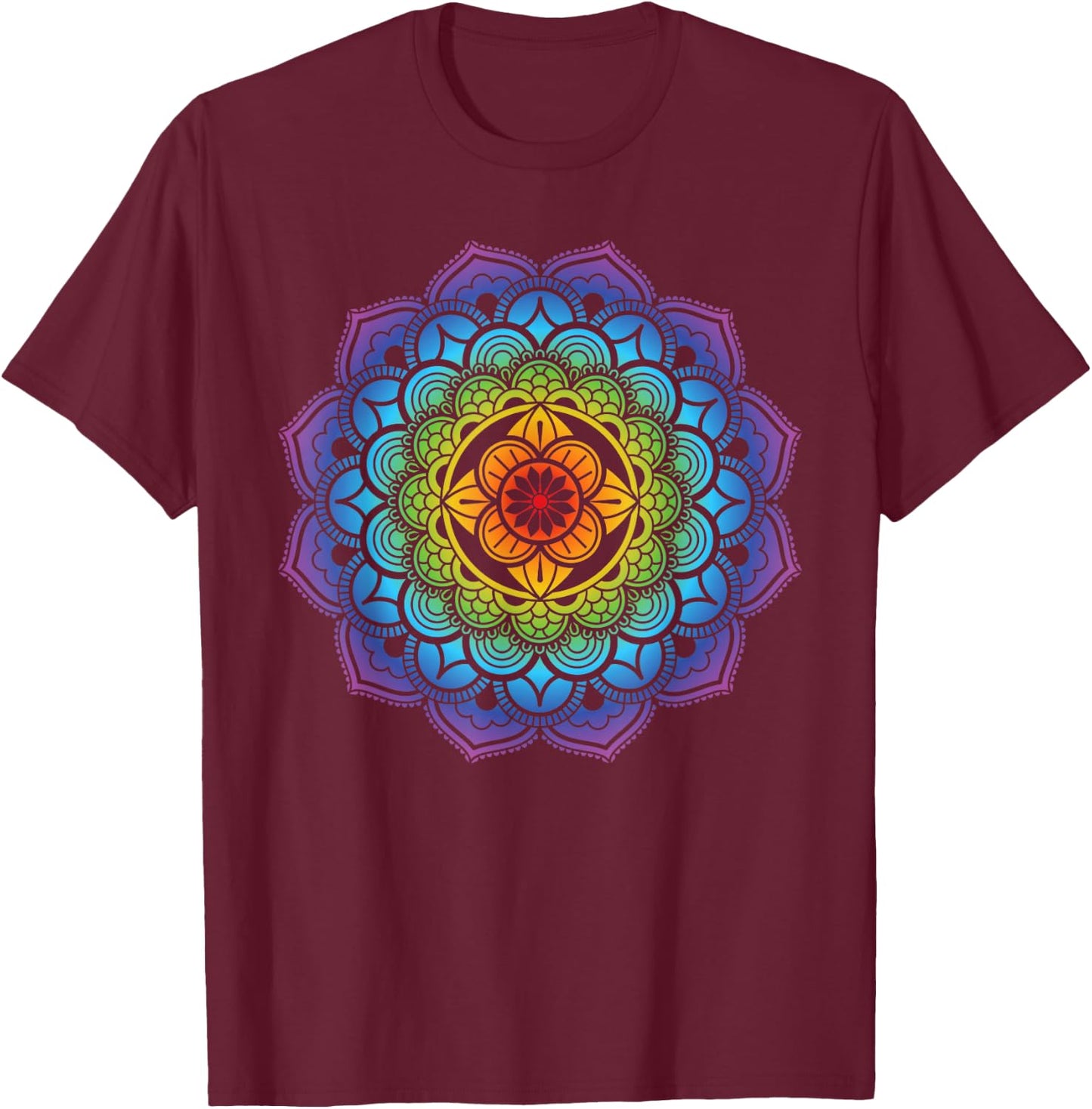 Mandala Buddhism Mindfulness Meditation Yoga Rainbow Boho T-Shirt - T-Shirt | Maroon