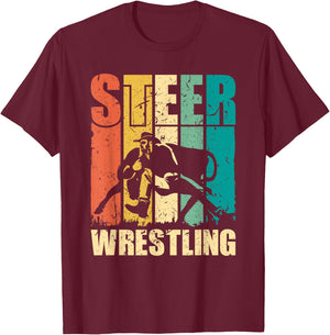 Steer Wrestling Retro Rodeo Bulldog Graphic T-Shirt - T-Shirt | Maroon