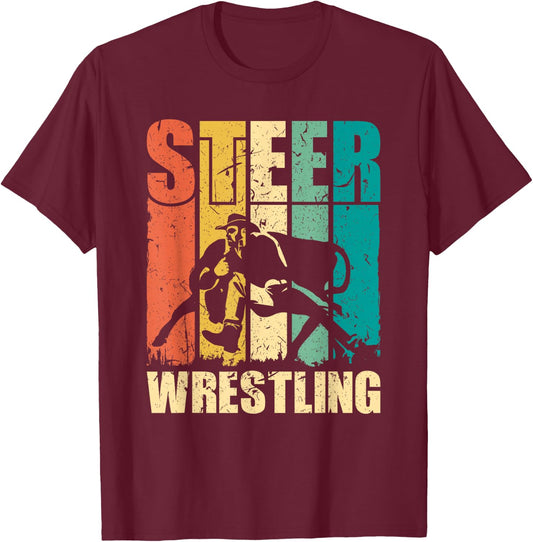 Steer Wrestling Retro Rodeo Bulldog Graphic T-Shirt - T-Shirt | Maroon