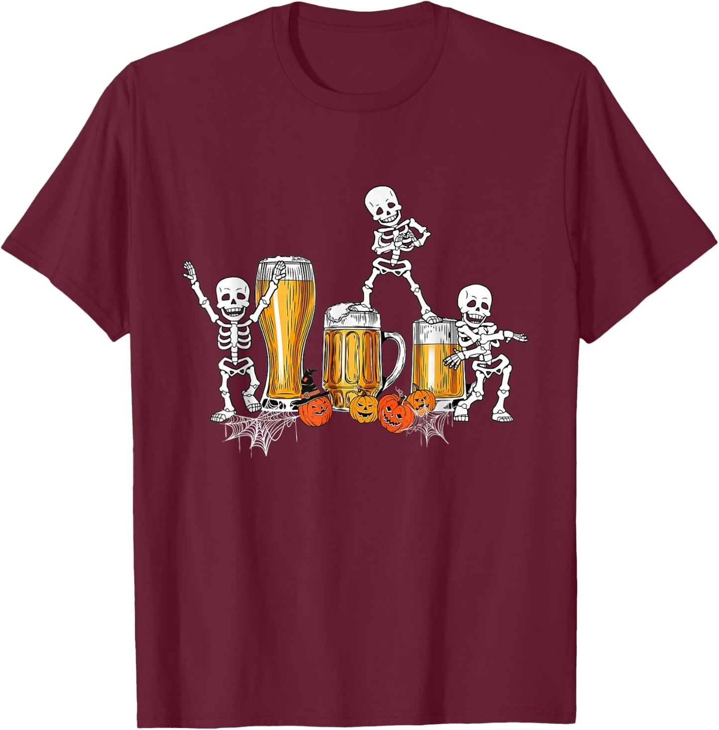 Skeleton Drinking Beer Happy Halloween T-Shirt - T-Shirt | Maroon