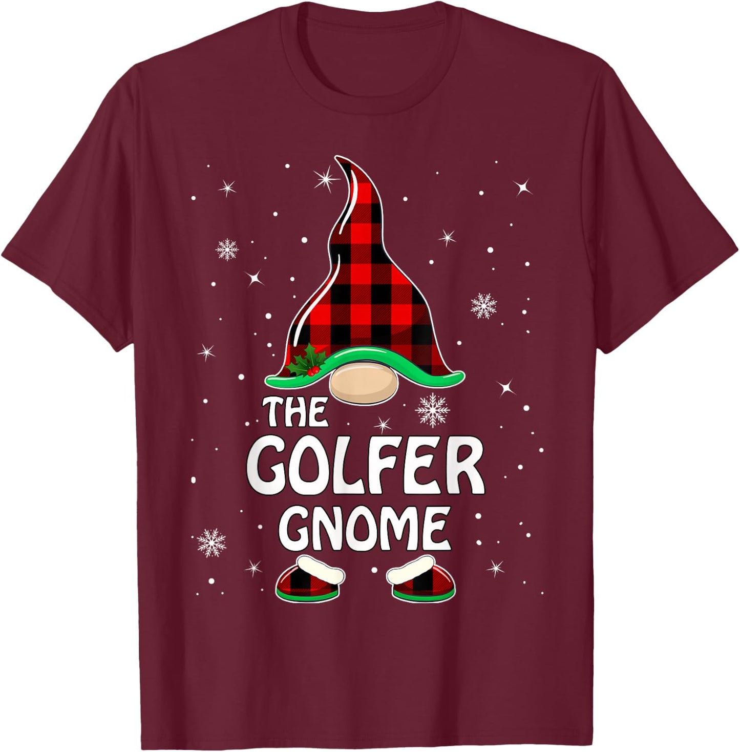 Golfer Gnome Buffalo Plaid Matching Family Christmas Pajama T-Shirt - T-Shirt | Maroon
