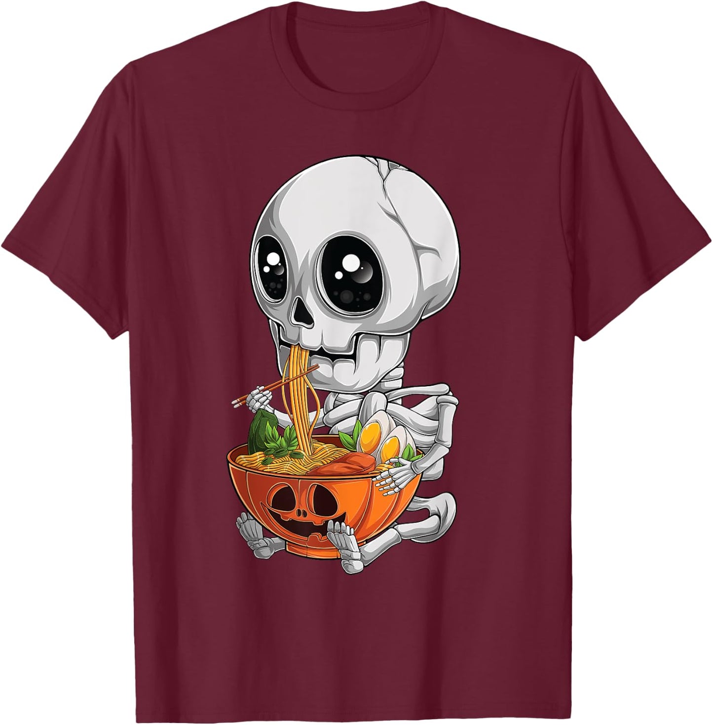 kawaii japanese anime Skeleton Halloween ramen Food Lovers T-Shirt - T-Shirt | Maroon
