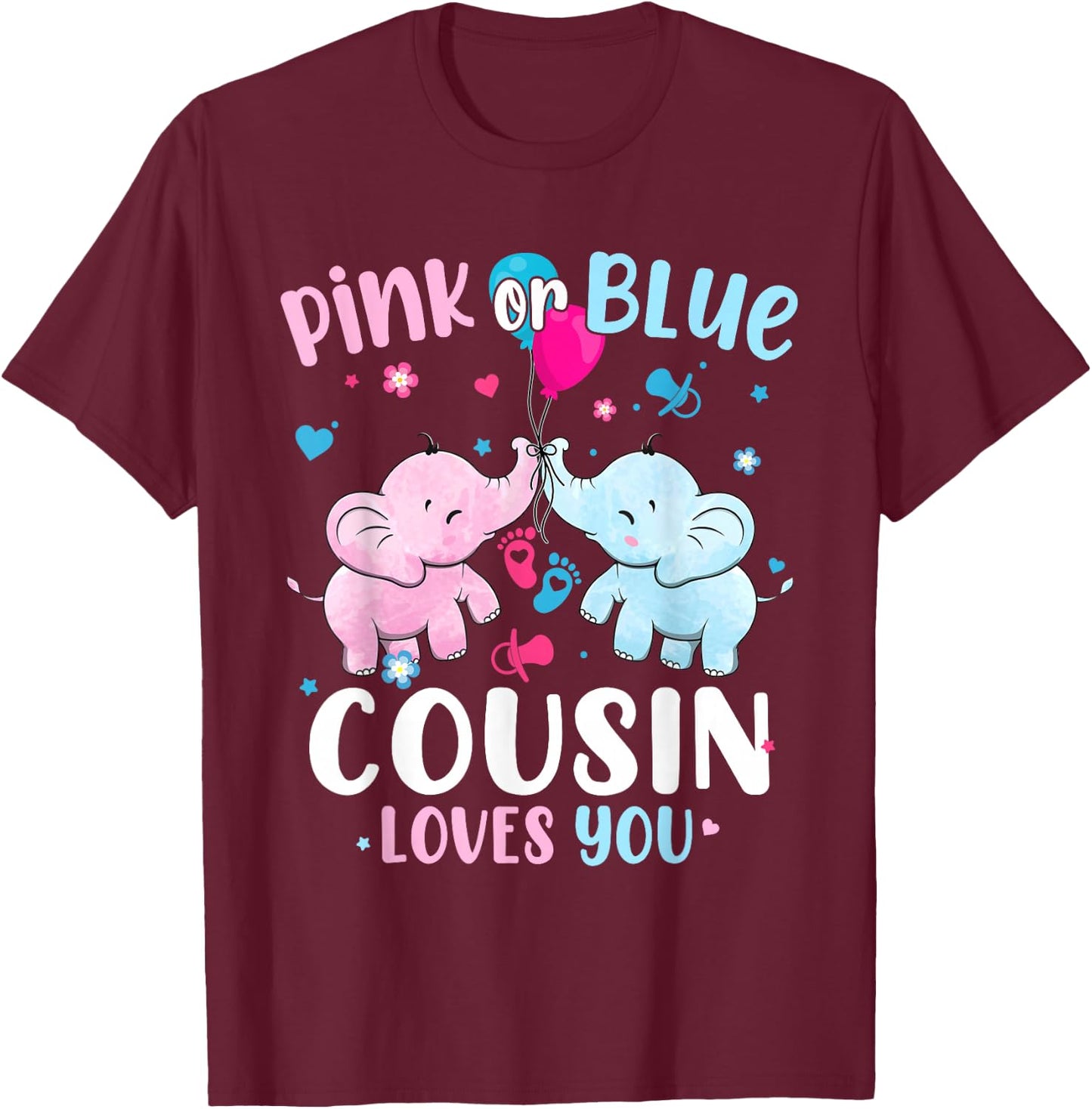 Pink or Blue Cousin Loves You Gender Reveal Elephant T-Shirt - T-Shirt | Maroon