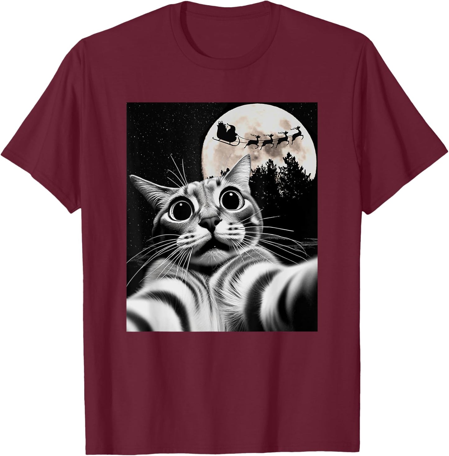 Men Women Kids Christmas Proof Santa is Real Cat Selfie T-Shirt - T-Shirt | Maroon
