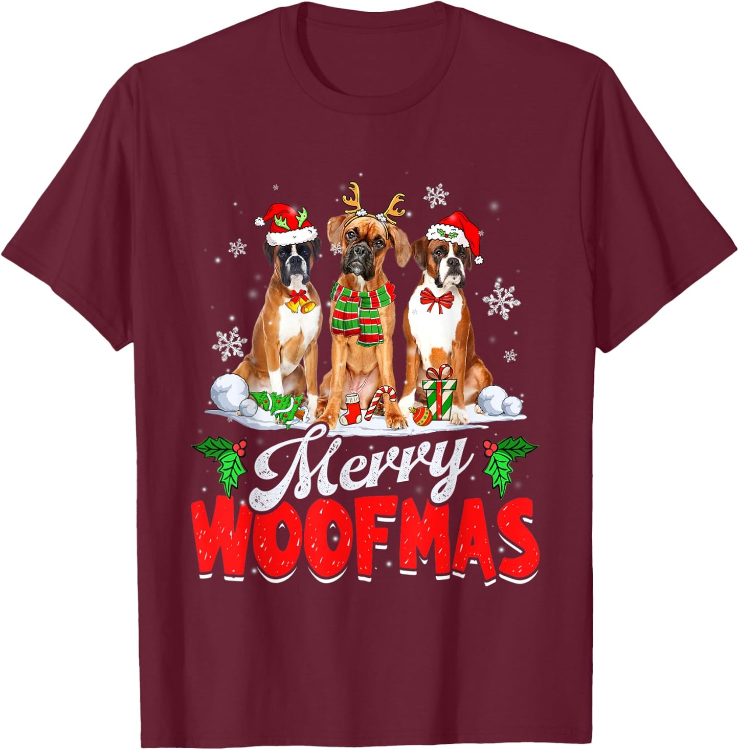 Merry Woofmas Boxer Dog Christmas Dog Lover Xmas T-Shirt - T-Shirt | Maroon
