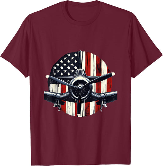 F4U Corsair WW2 Airplane Distressed US Flag Warbird T-Shirt - T-Shirt | Maroon