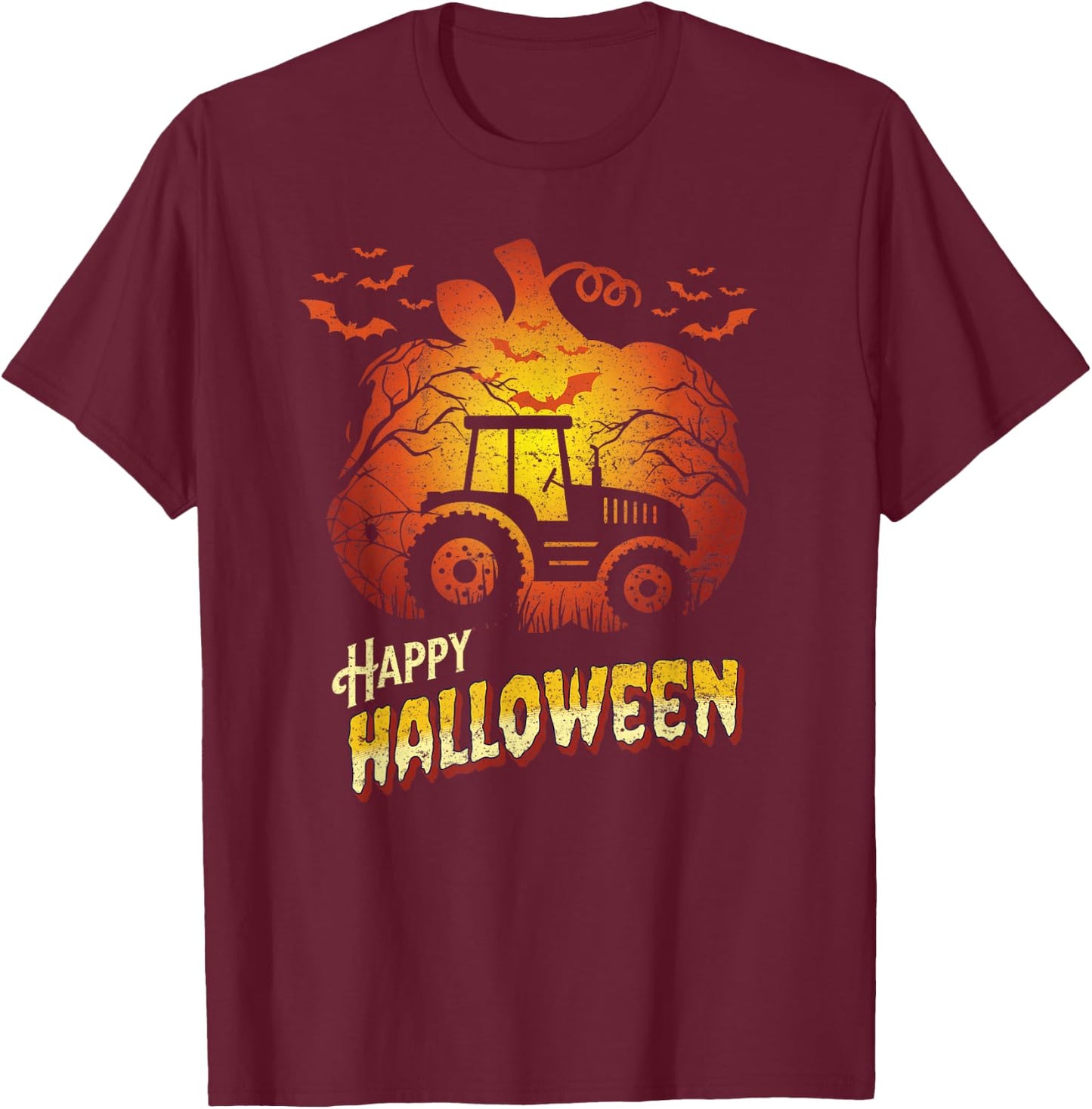 Tractor Silhouette Happy Halloween Farming Farmer Farm T-Shirt - T-Shirt | Maroon