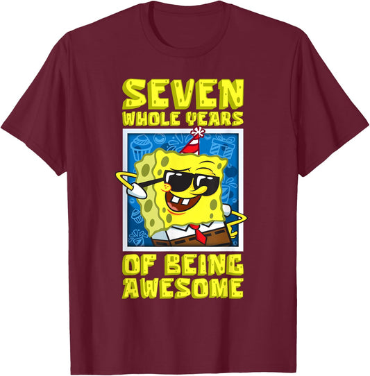 Mademark x SpongeBob SquarePants - SpongeBob Seven Years of Being Awesome Boy 7th Birthday Gift T-Shirt - T-Shirt | Maroon
