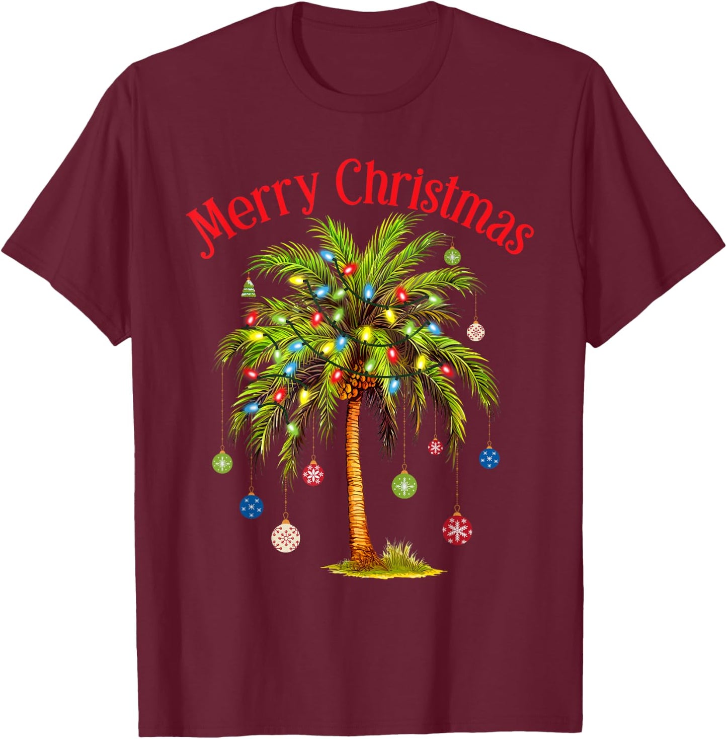 Merry Christmas Palm Tree Light Hawaiian Tropical Christmas T-Shirt - T-Shirt | Maroon