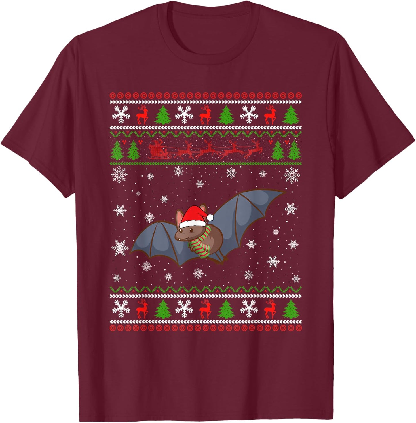 Bat Santa Hat Ugly Christmas Design Xmas Sweater Pajama T-Shirt - T-Shirt | Maroon