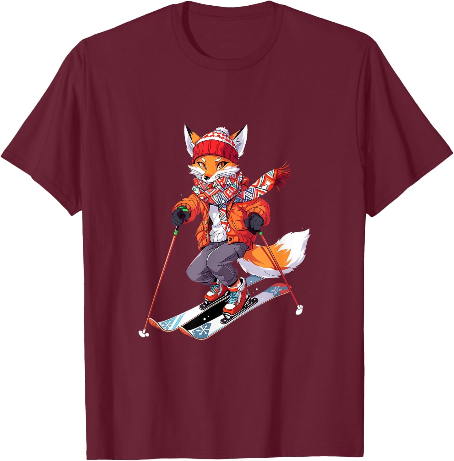 Fox Skiing Skier Ski Winter Snow T-Shirt - T-Shirt | Maroon