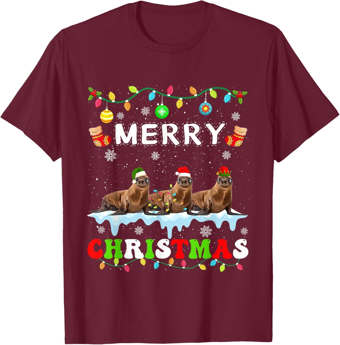 Funny Sea lion Christmas Squad Xmas Women Men Kids T-Shirt - T-Shirt | Maroon