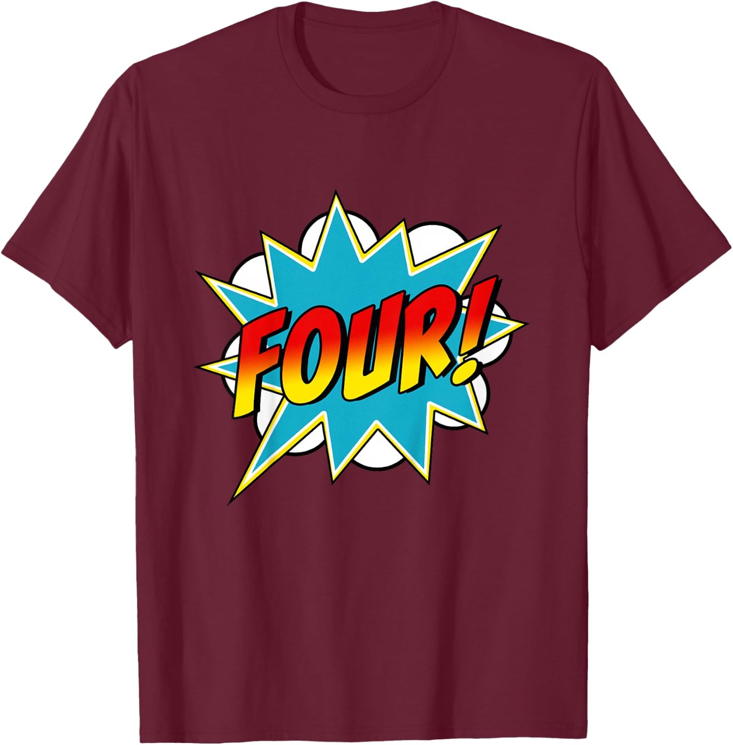 Four! 4th Birthday Superhero Boys 4 Years Old Comic Book T-Shirt - T-Shirt | Maroon