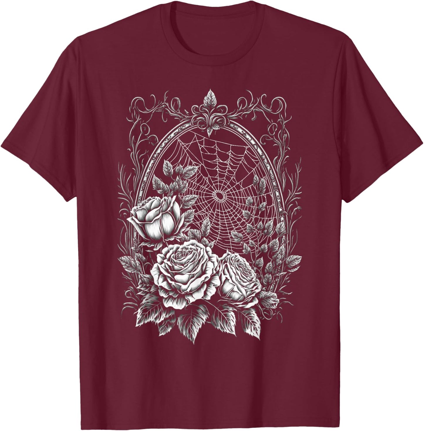 Spider Web With Frame And Roses Halloween Goth Nature Witch T-Shirt - T-Shirt | Maroon