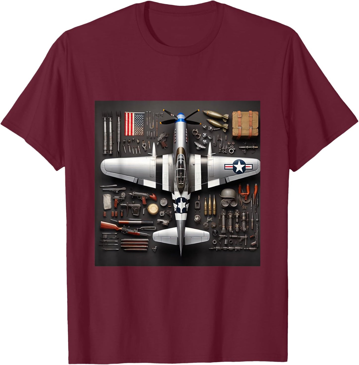 WW2 Warplane P51 Mustang Assembly Parts Blueprint T-Shirt - T-Shirt | Maroon