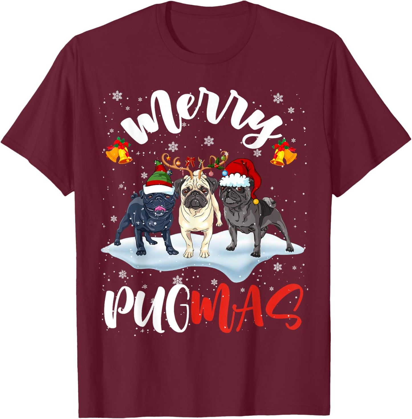 Merry Pugmas Funny Santa Reindeer Elf Pug Dog Christmas T-Shirt - T-Shirt | Maroon