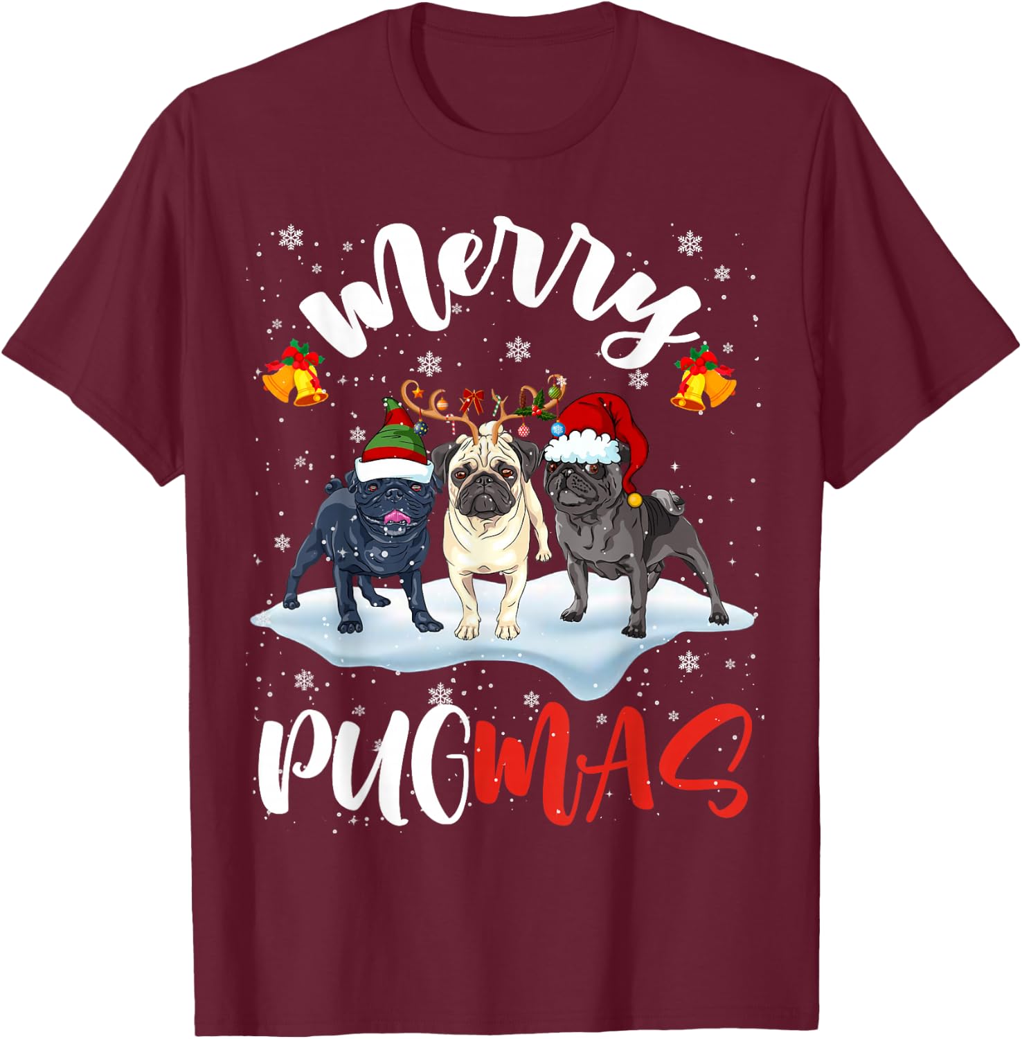 Merry Pugmas Funny Santa Reindeer Elf Pug Dog Christmas T-Shirt - T-Shirt | Maroon