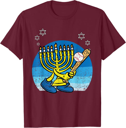 Menorah Baseball Player Hanukkah Chanukah Jewish Holiday T-Shirt - T-Shirt | Maroon