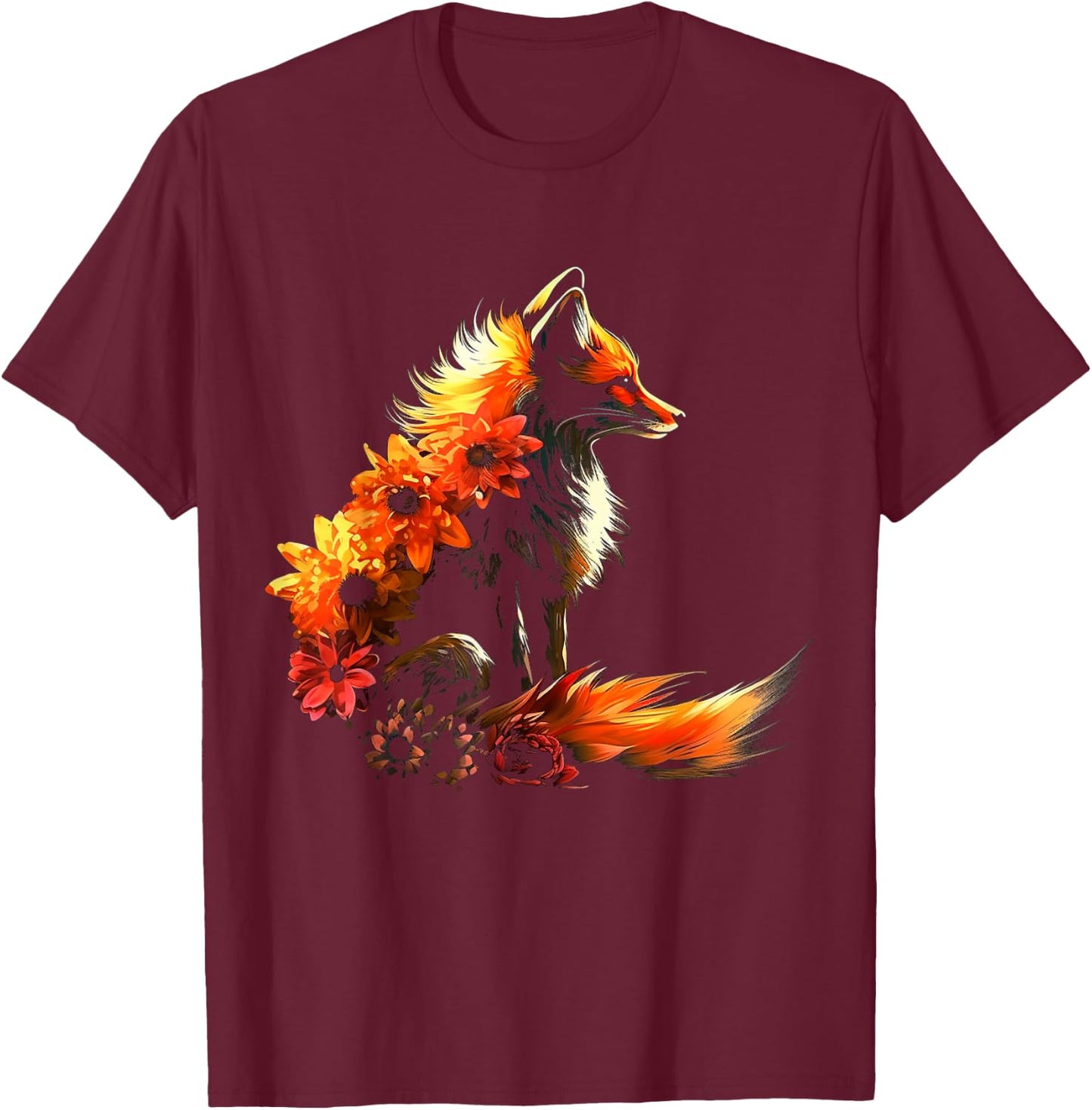 Fox Flowers - Artificial Animal Fox T-Shirt - T-Shirt | Maroon