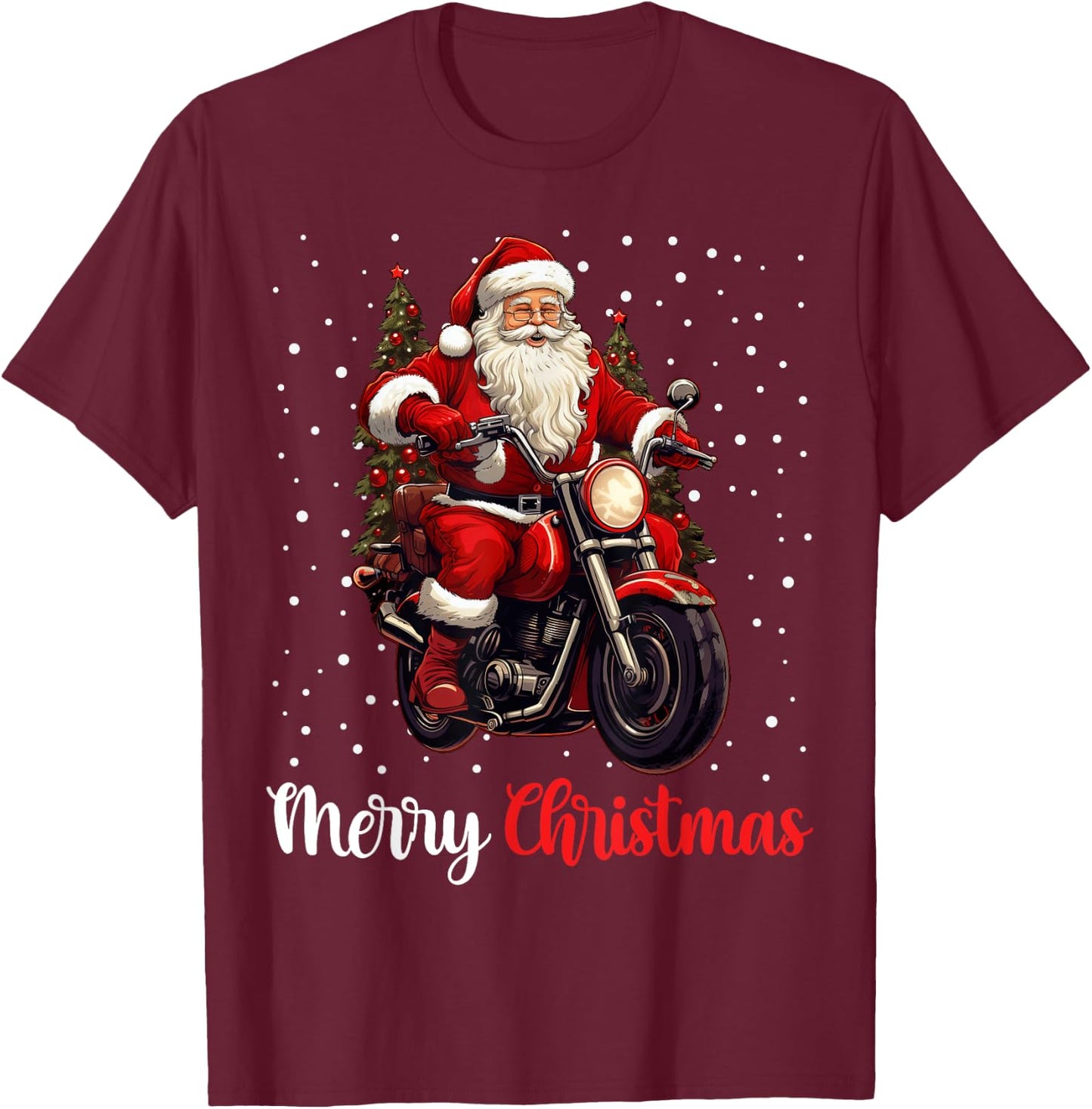 Merry Christmas Santa Riding Motorcycle Biker Xmas Party T-Shirt - T-Shirt | Maroon