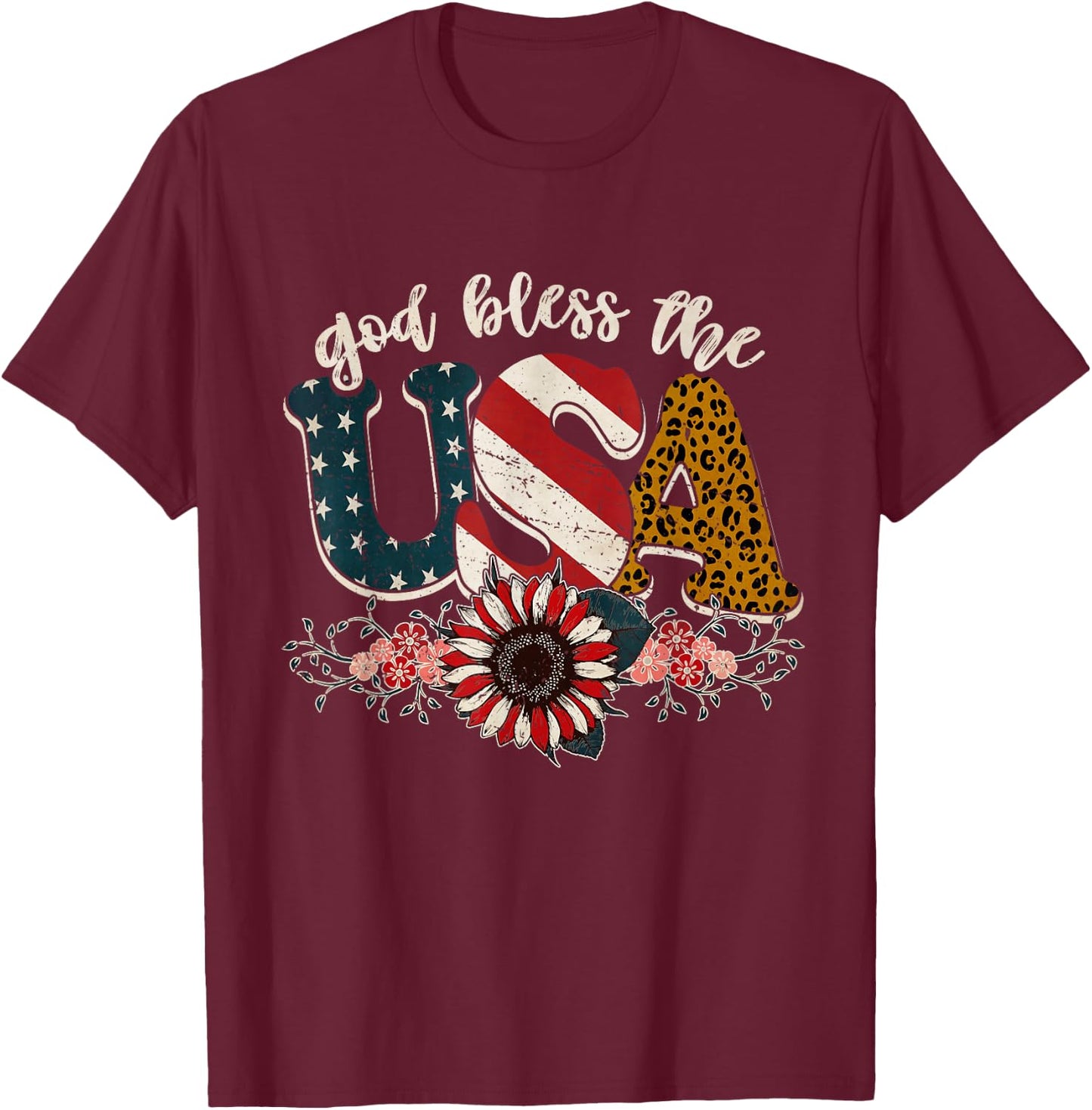 American Flag Shirt Women God Bless The USA Patriotic T-Shirt - T-Shirt | Maroon