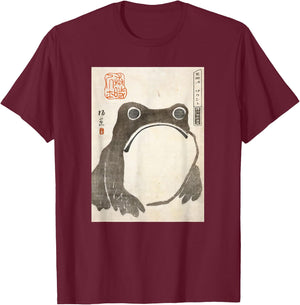The Art of Print by MCMA - Digitally Enhanced Art Grumpy Frog Japanese Art - Adults/Kids - Black - Short Sleeve - S T-Shirt - T-Shirt | Maroon