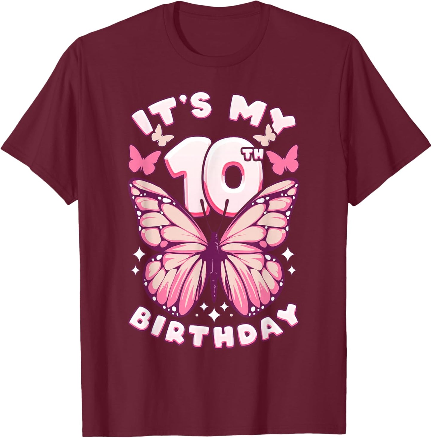 10th Birthday Girl 10 Years Old Butterflies and Number T-Shirt - T-Shirt | Maroon
