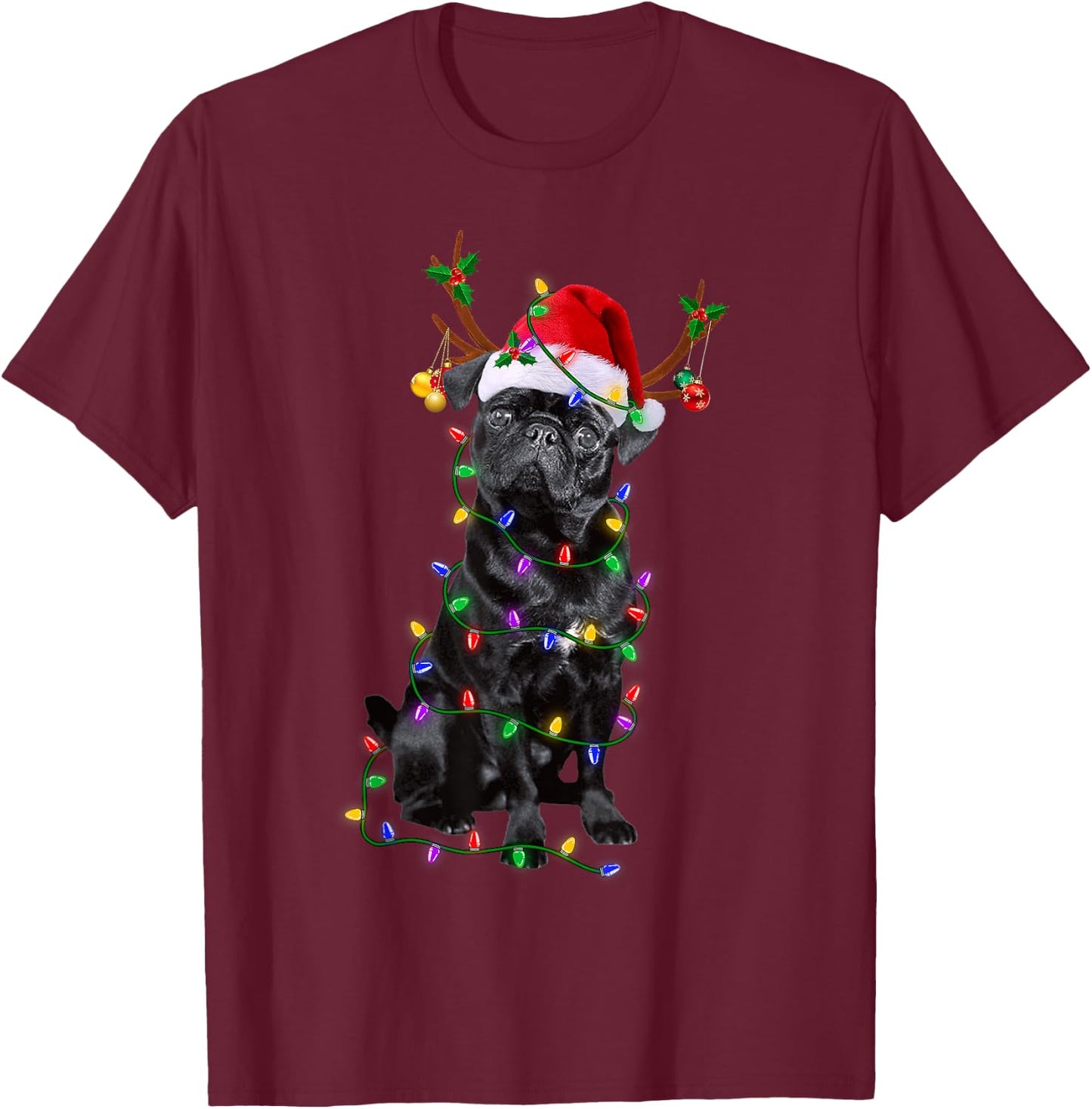 Funny Black Pug Dog Tree Christmas Lights Xmas T-Shirt - T-Shirt | Maroon
