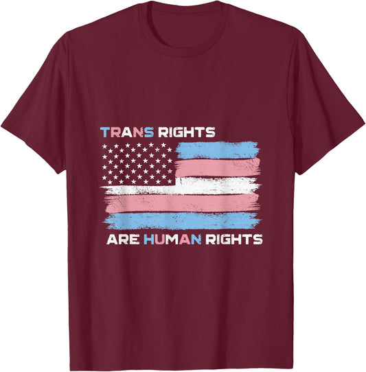 Trans Rights Are Human Rights USA American Transgender Flag T-Shirt - T-Shirt | Maroon